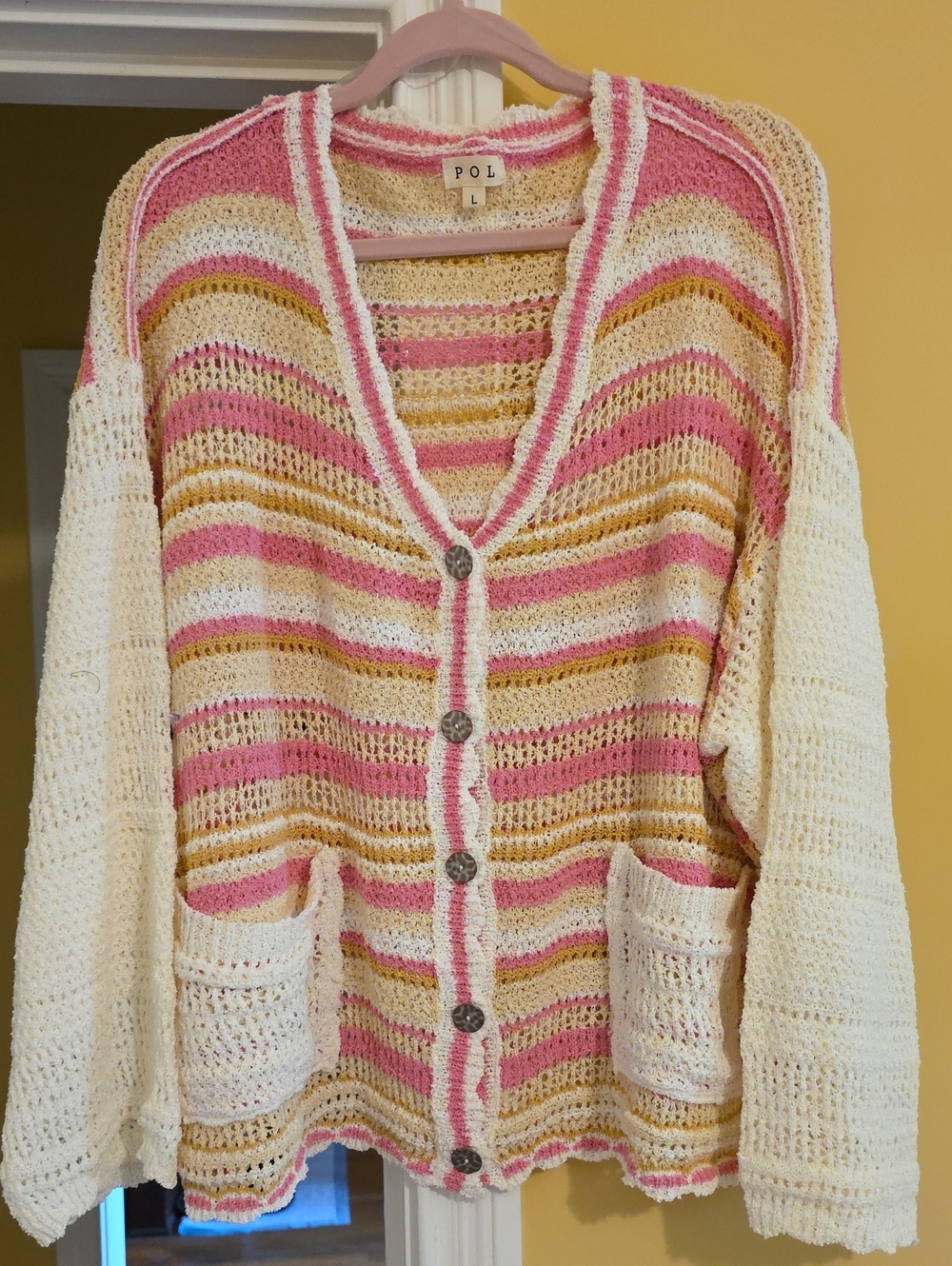 NWOT POL Cream, Pink & Gold Striped Open-Knit Button Cardigan